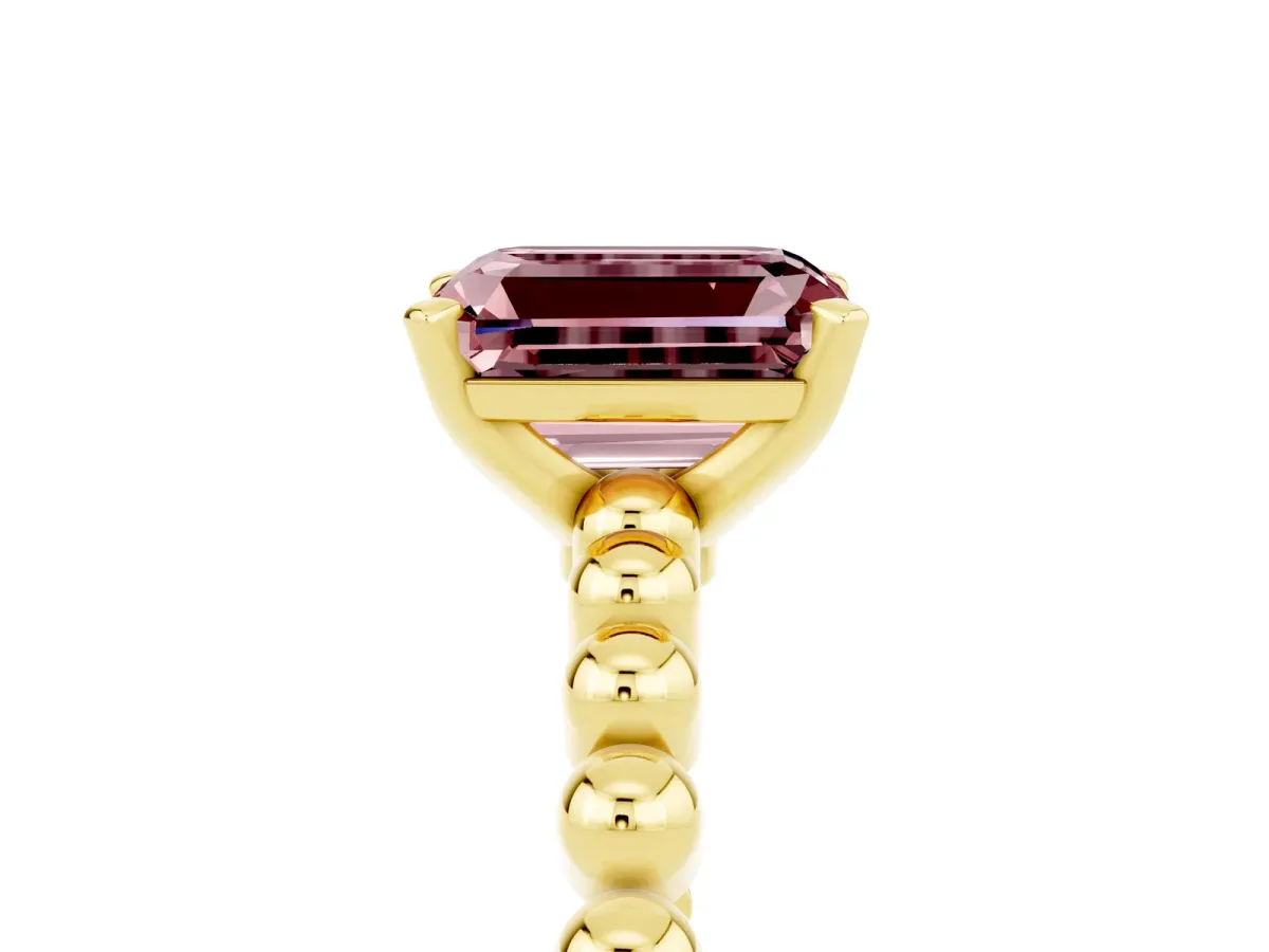 Emerald Cut Morganite Solitaire Ring with Beaded Band and Prong Setting Yellow gold