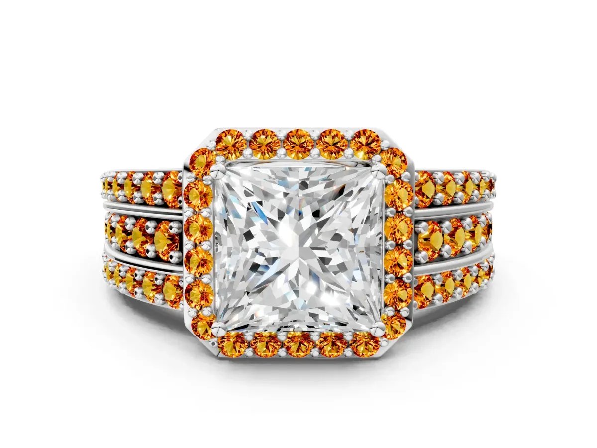 Princess Cut Halo Diamond Ring with Round Citrine Split Shank and Prong Setting Platinum