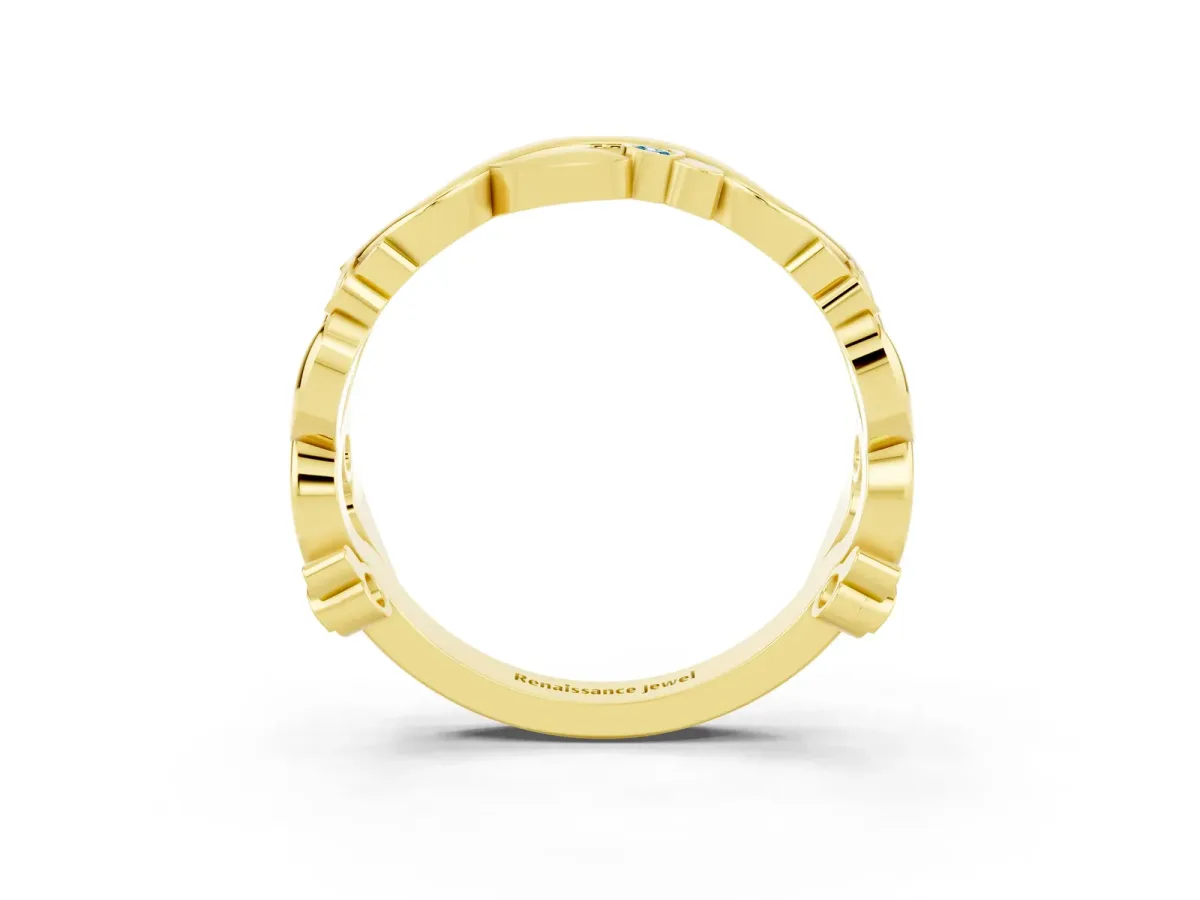 Round Blue Topaz Leaf Eternity Band with Bezel Setting Yellow gold