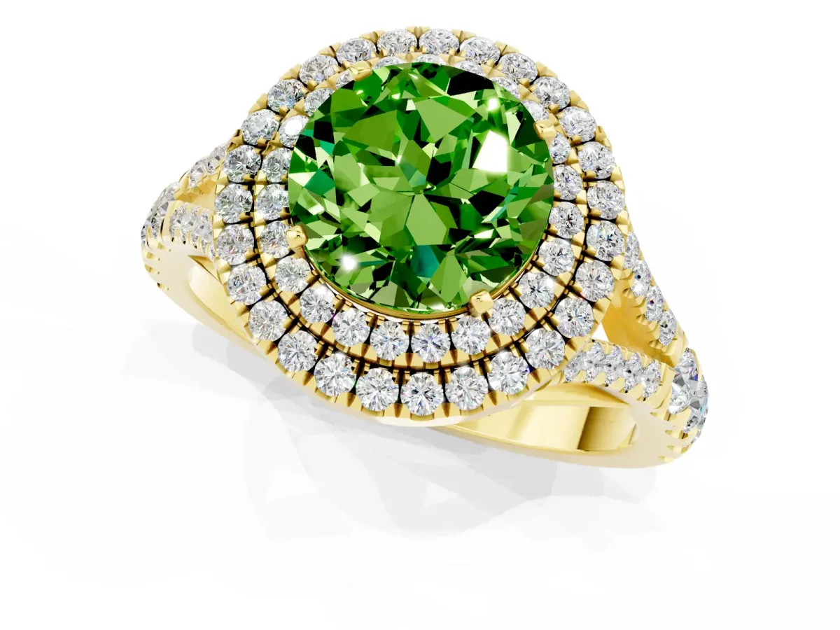 Round Cut Peridot Double Halo Ring with Split Shank and Prong Setting Yellow gold