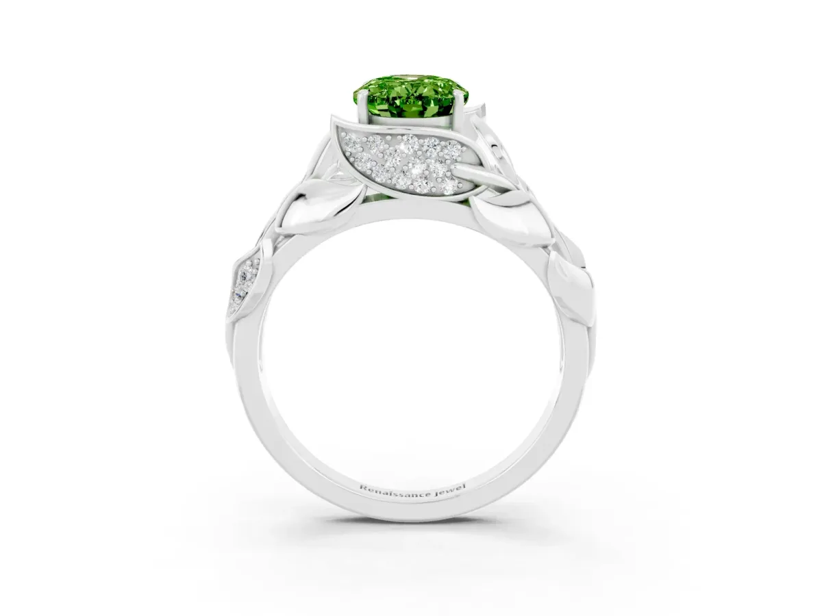 Oval Cut Peridot Leaf-Inspired Engagement Ring with Round Accents and Prong Setting Platinum