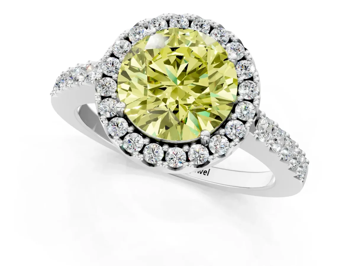 Fancy Yellow Round Cut Halo Diamond Pavé Solitaire Ring Platinum