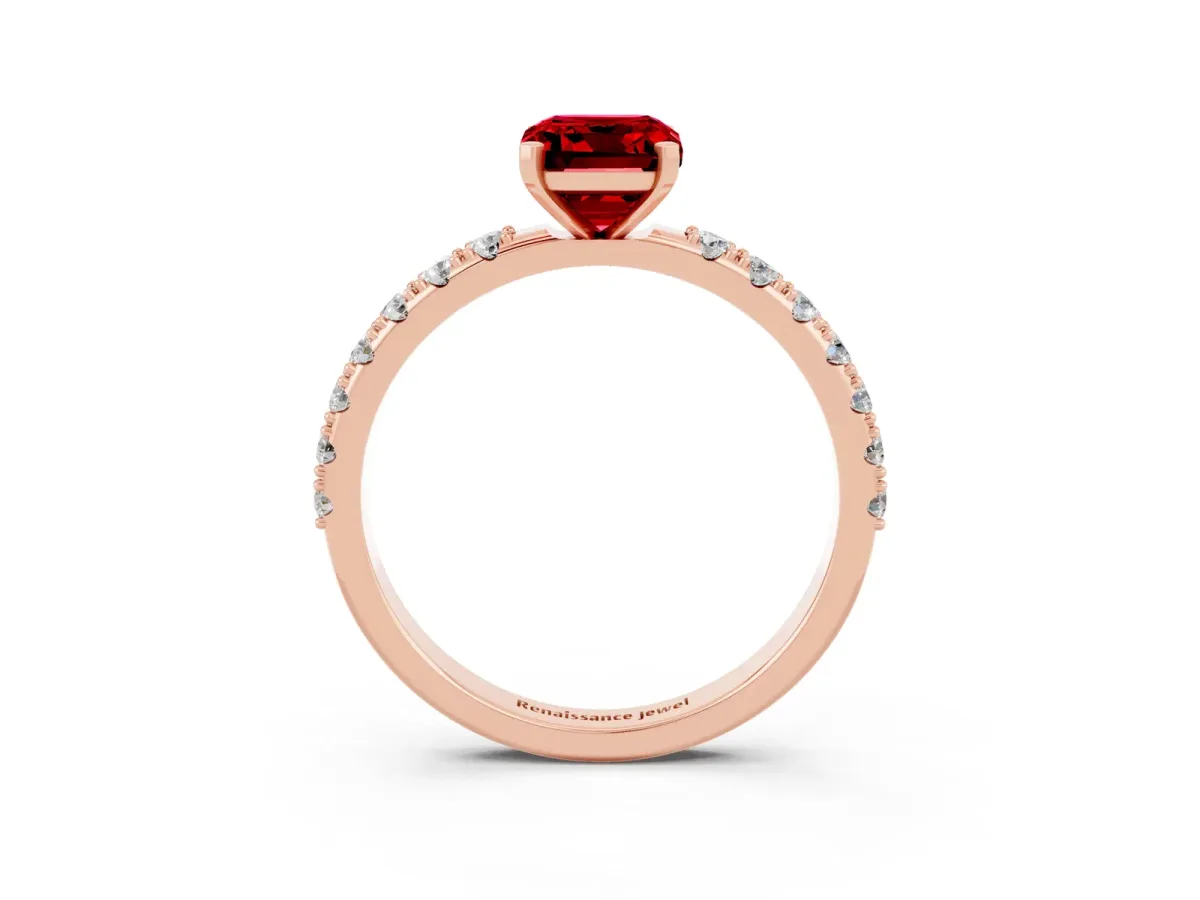 Emerald Cut Ruby Solitaire Pavé Band with Four-Prong Setting Rose gold