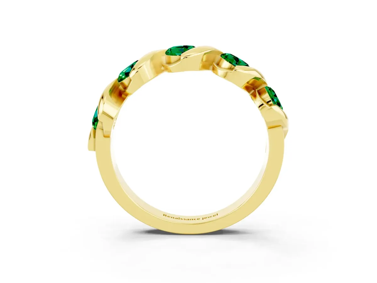 Round Emerald Wave Band with Channel Setting and Shared Prongs Yellow gold