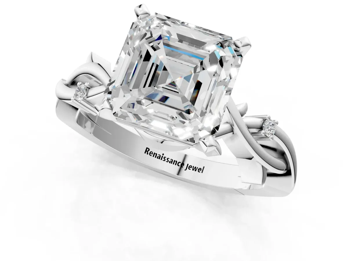 Asscher Cut Diamond Solitaire Ring with Twisted Band and Prong Setting White gold