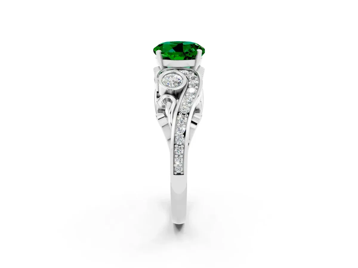 Round Cut Emerald Solitaire Ring with Milgrain Pavé Band and Four-Prong Setting Silver