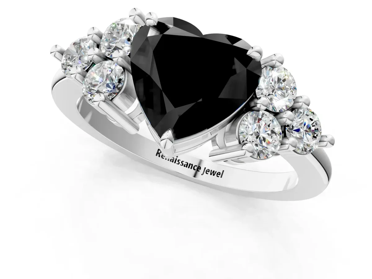 Fancy Black Heart Cut Brilliant Diamond Cluster Accent Solitaire Ring with Prong Setting Platinum