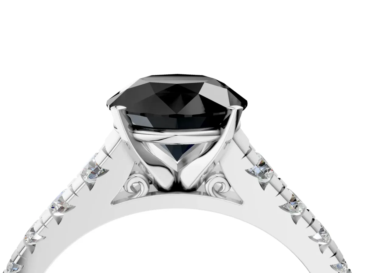Fancy Black Round Cut Diamond Cathedral Solitaire Ring with Round Pavé Band Silver