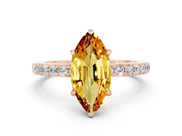 Marquise Cut Citrine Solitaire Engagement Ring with Pavé Band and Four-Prong Setting Rose gold