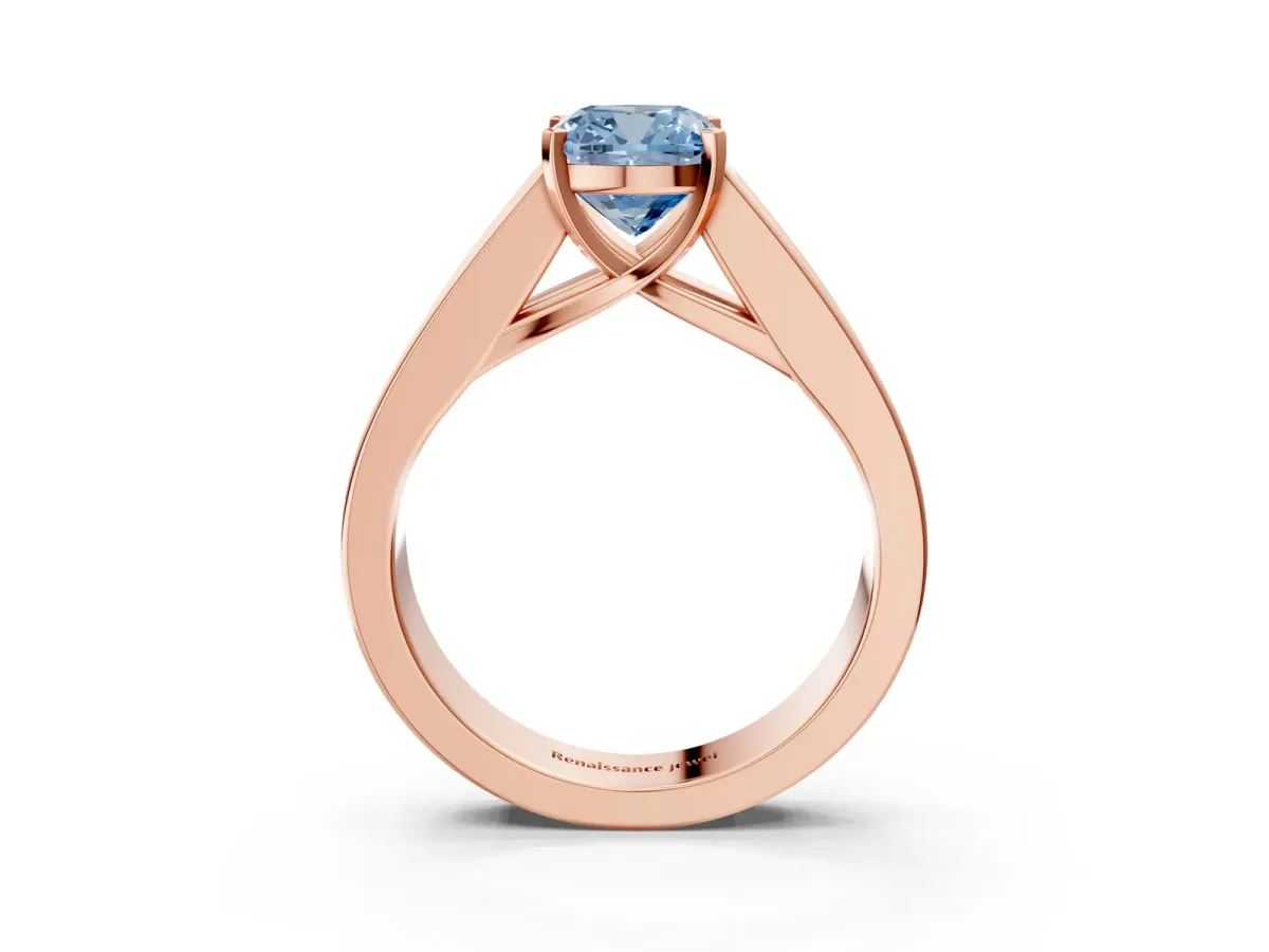 Fancy Blue Cushion Cut Cut Channel Set Solitaire Ring with Four-Prong Setting Rose gold