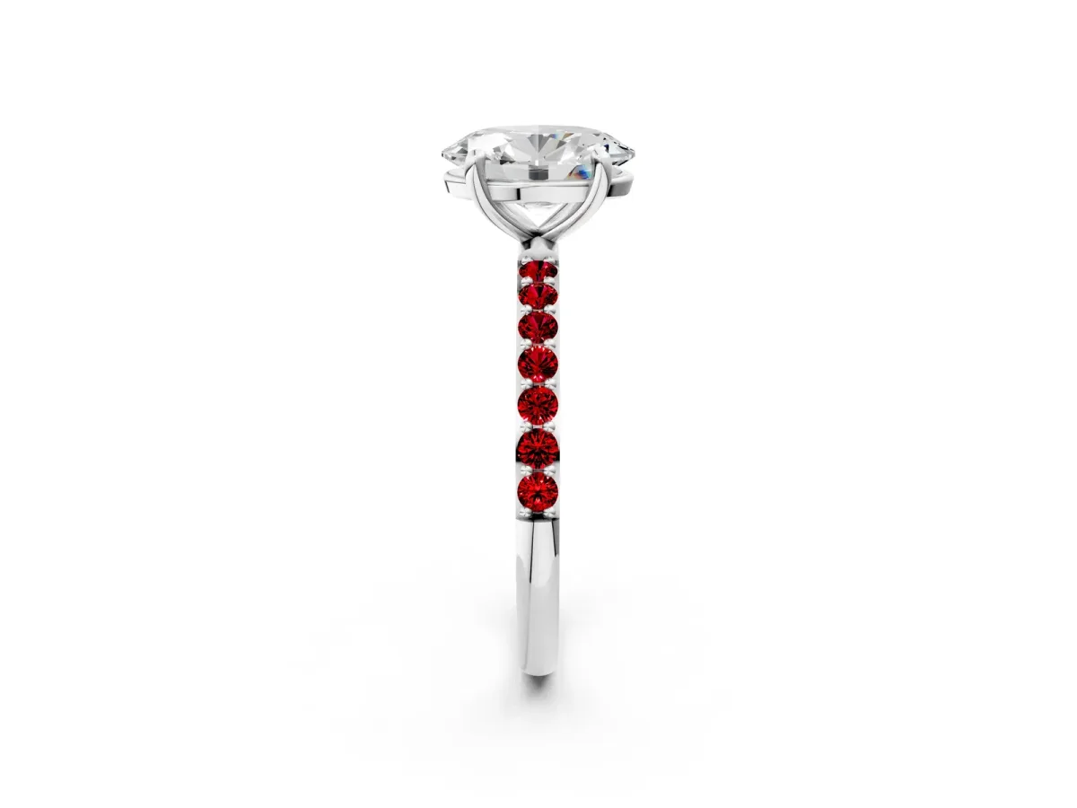 Oval Cut Diamond Solitaire Ring with Round Ruby Pavé Band and Prong Setting White gold