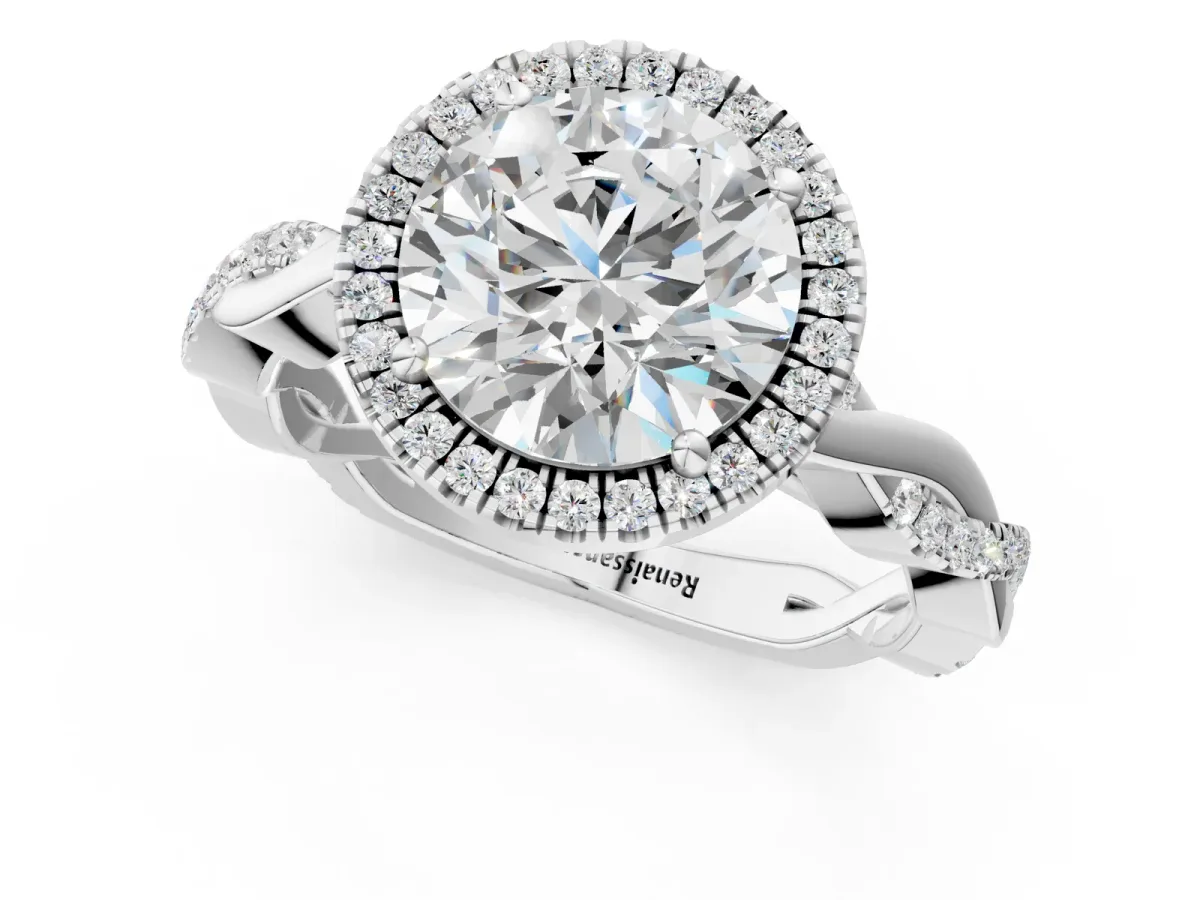 Round Cut Cut Halo Twisted Band Four-Prong Ring Platinum