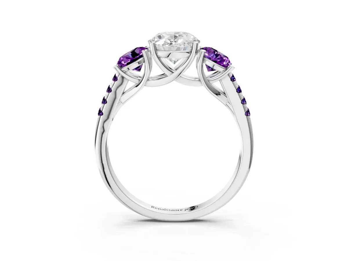 Three-Stone Oval Cut Diamond Ring with Round Amethyst Pavé Band and Prong Setting Silver