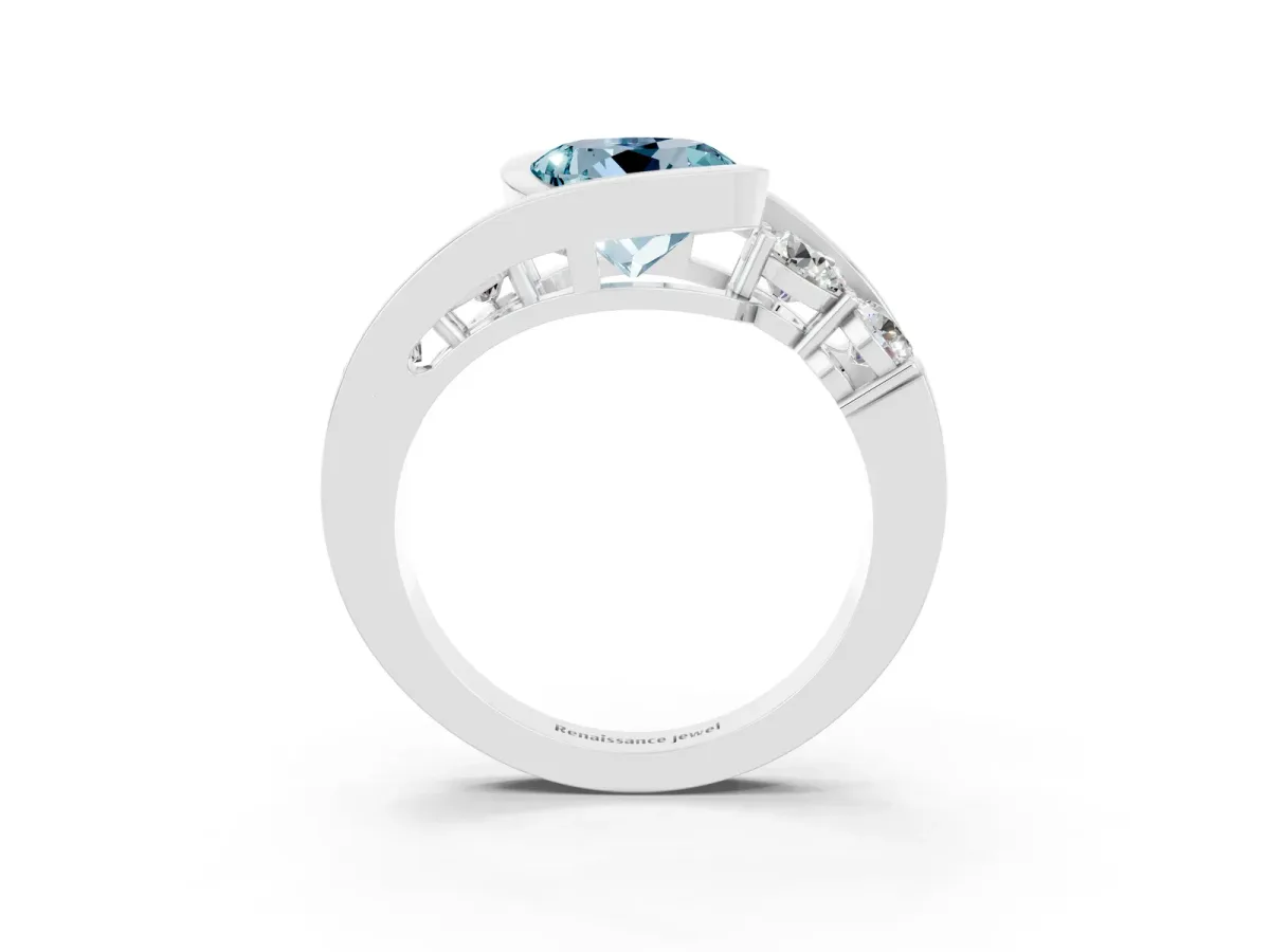 Bezel Set Round Cut Aquamarine Bypass Ring with Round Accents Silver