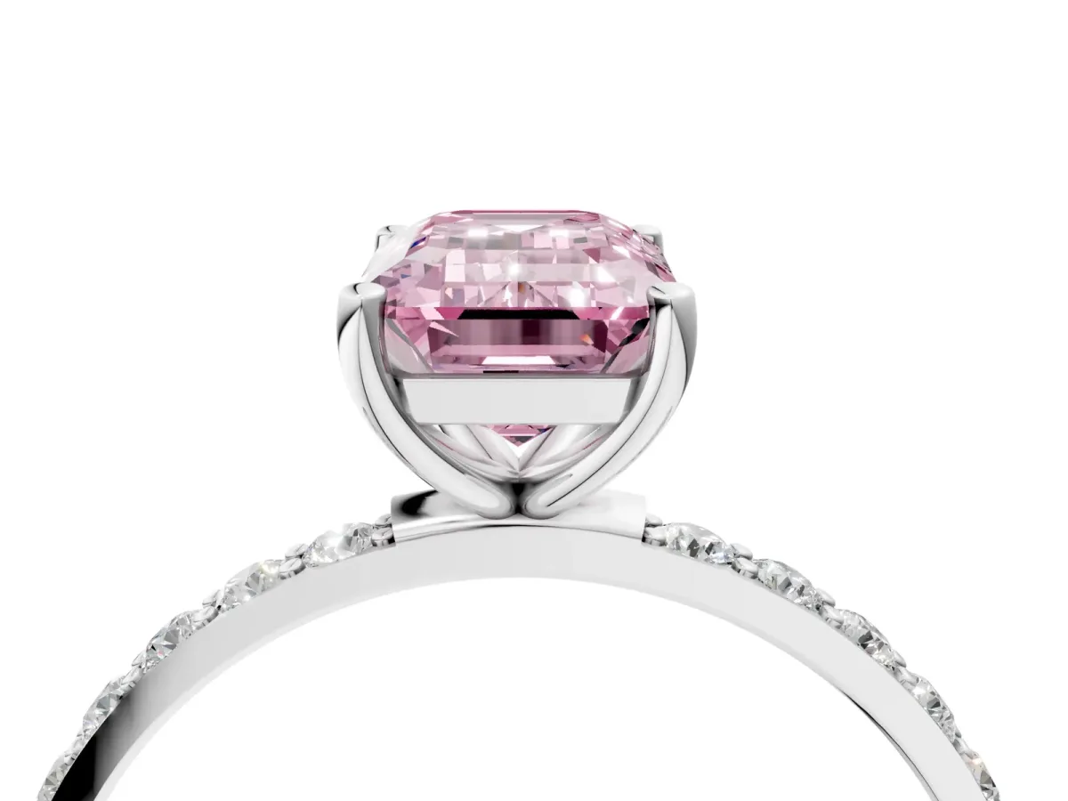 Fancy Pink Emerald Cut Diamond Solitaire Ring with Round Pavé Shoulders and Prong Setting Silver