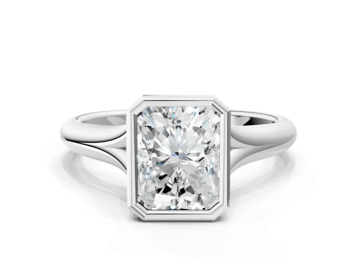 Bezel Set Radiant Cut Solitaire Diamond Ring with Smooth Band Platinum