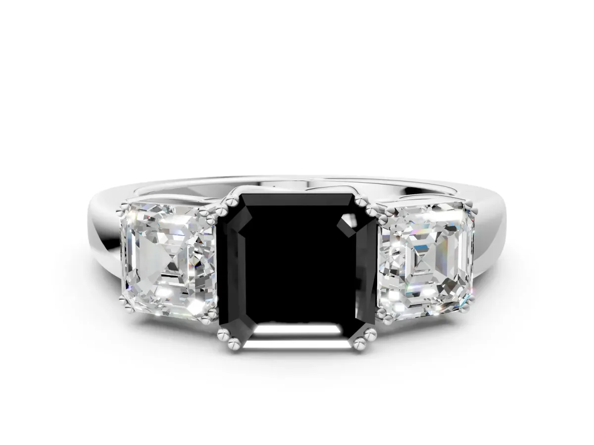 Fancy Black Three-Stone Asscher Cut Cut Diamond Ring with Channel Set Band and Four-Prong Setting Silver