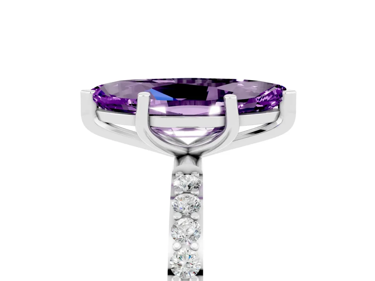 Marquise Cut Amethyst Solitaire Ring with Round Pavé Band and Prong Setting Silver