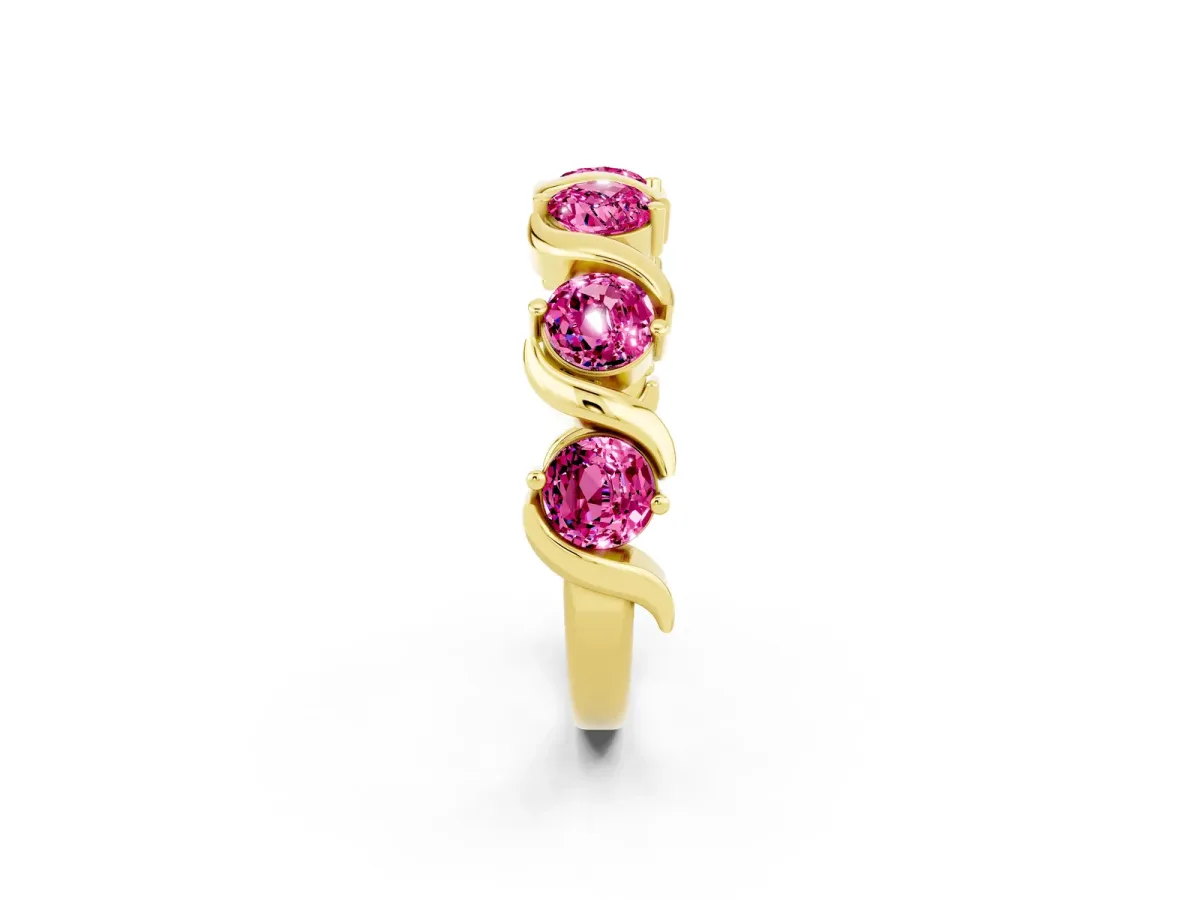 Six-Stone Round Pink Sapphire Wave Band with Shared Prong Setting Yellow gold
