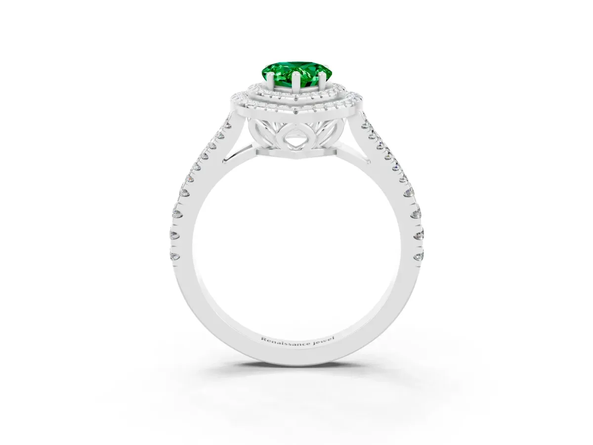 Pear Cut Emerald Double Halo Ring with Pavé Band and Prong Setting Silver