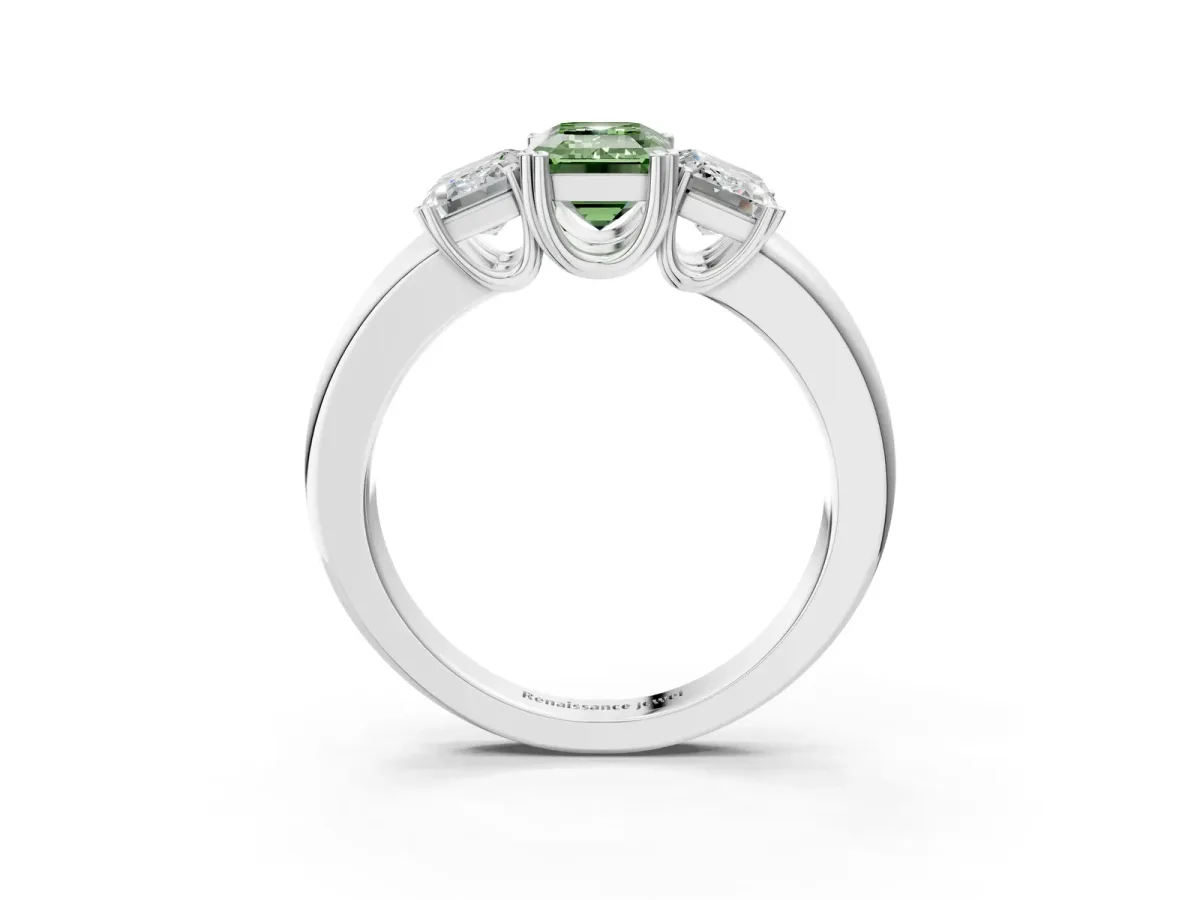 Fancy Green Three-Stone Emerald Cut Cut Diamond Ring with Channel Set Band and Four-Prong Setting Silver