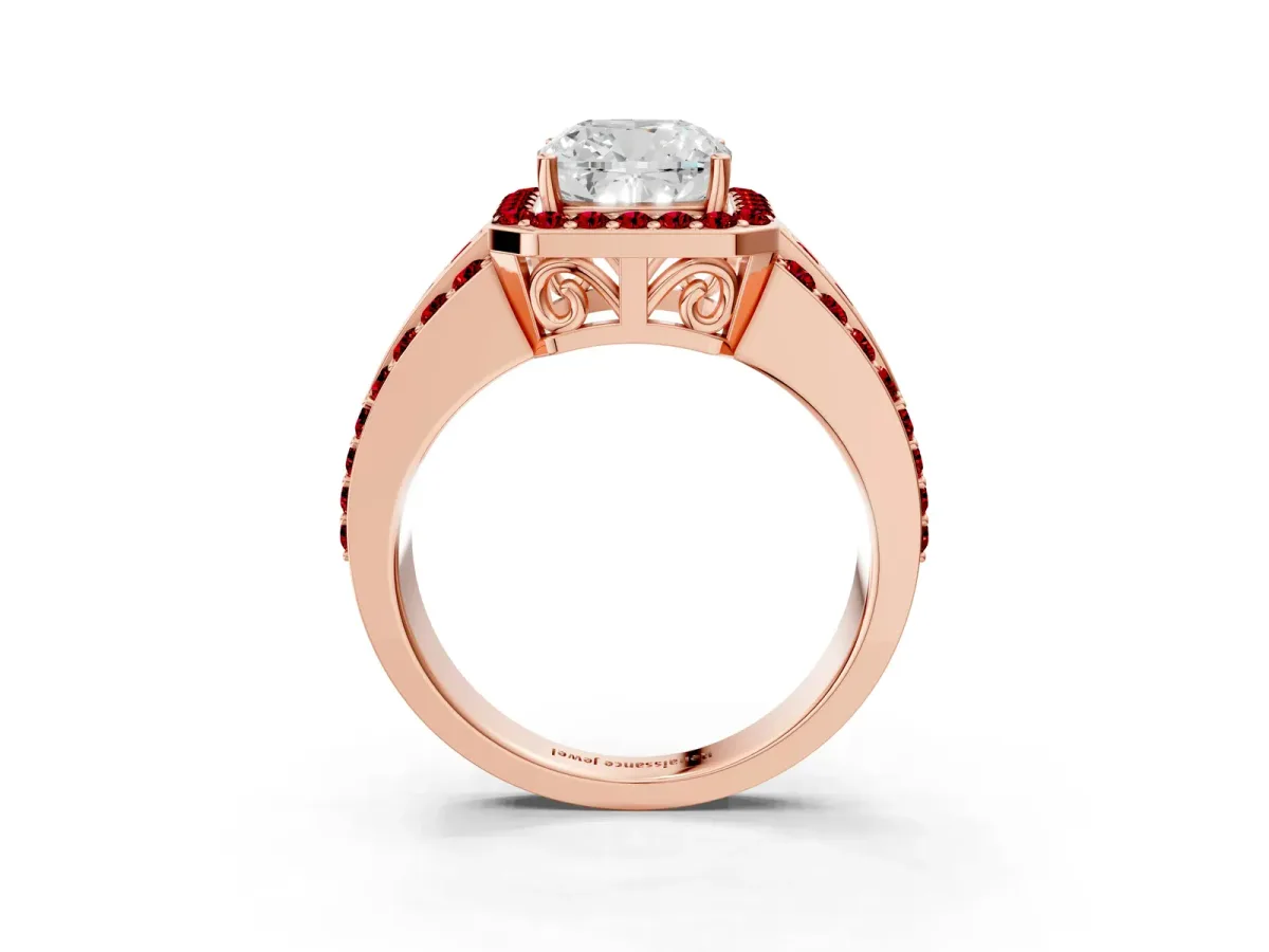 Cushion Cut Halo Diamond Ring with Round Ruby Split Shank and Prong Setting Rose gold