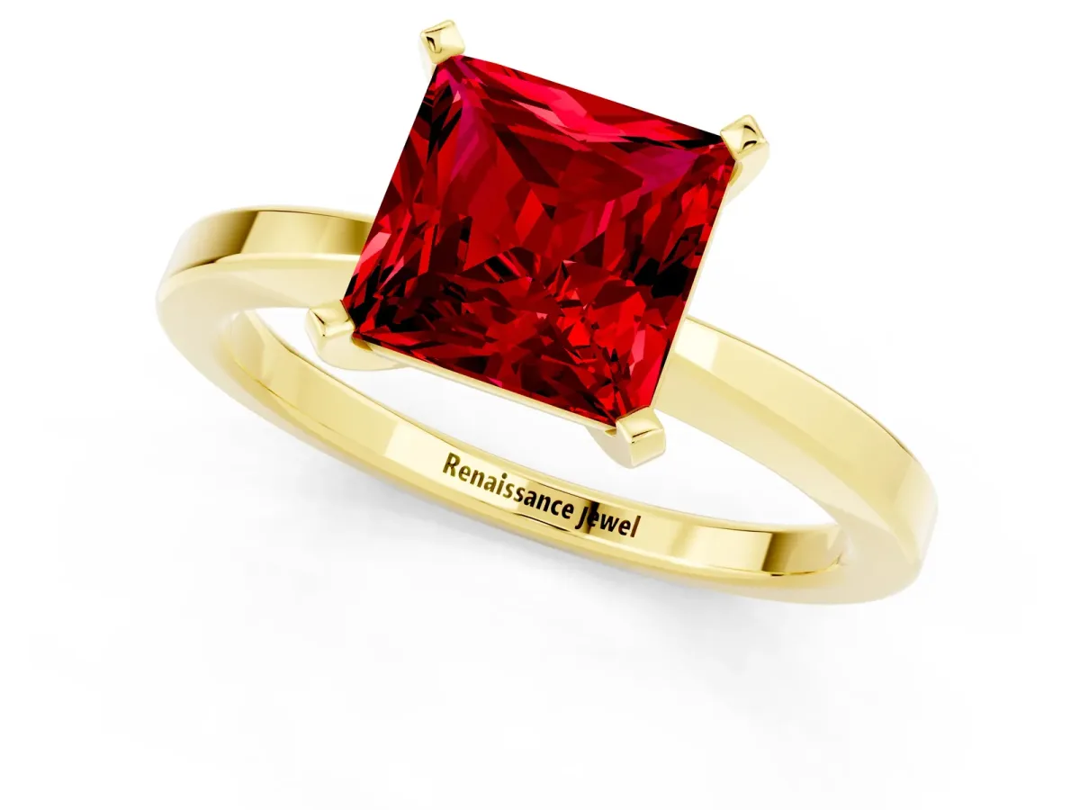 Princess Cut Ruby Solitaire Engagement Ring with Classic Band and Four-Prong Setting Yellow gold