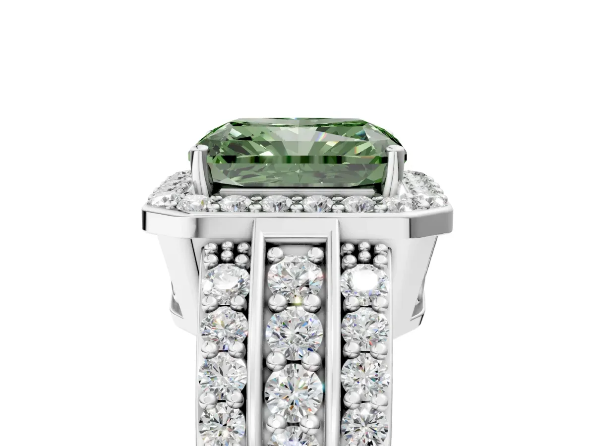 Fancy Green Radiant Cut Halo Diamond Ring with Round Split Shank and Prong Setting Silver