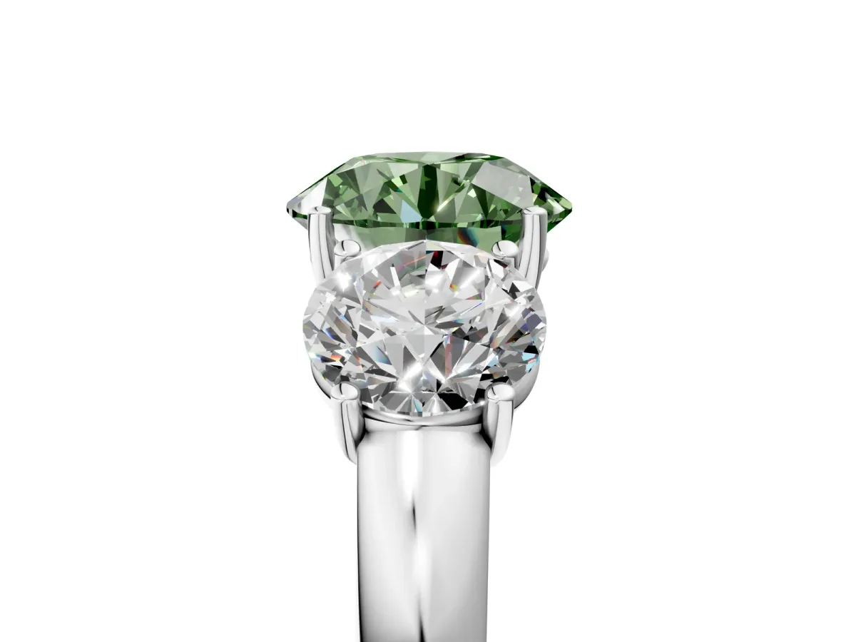 Fancy Green Round Cut Diamond Three-Stone Ring with Four-Prong Setting and Classic Band Platinum