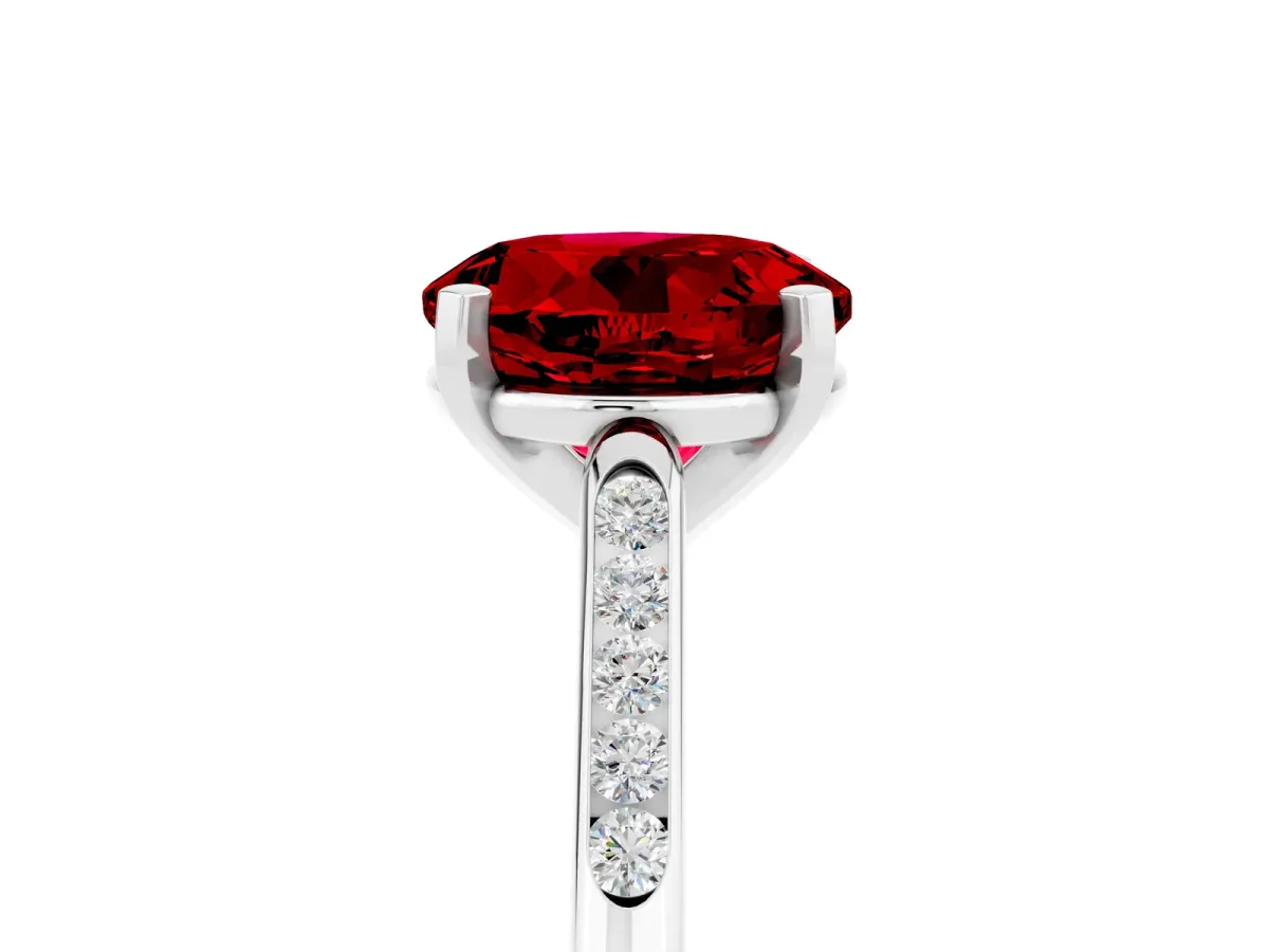 Round Cut Ruby Solitaire Ring with Channel Set Round Band and Prong Setting Silver