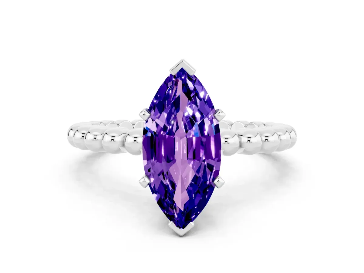 Marquise Cut Tanzanite Solitaire Ring with Beaded Band and Prong Setting Silver