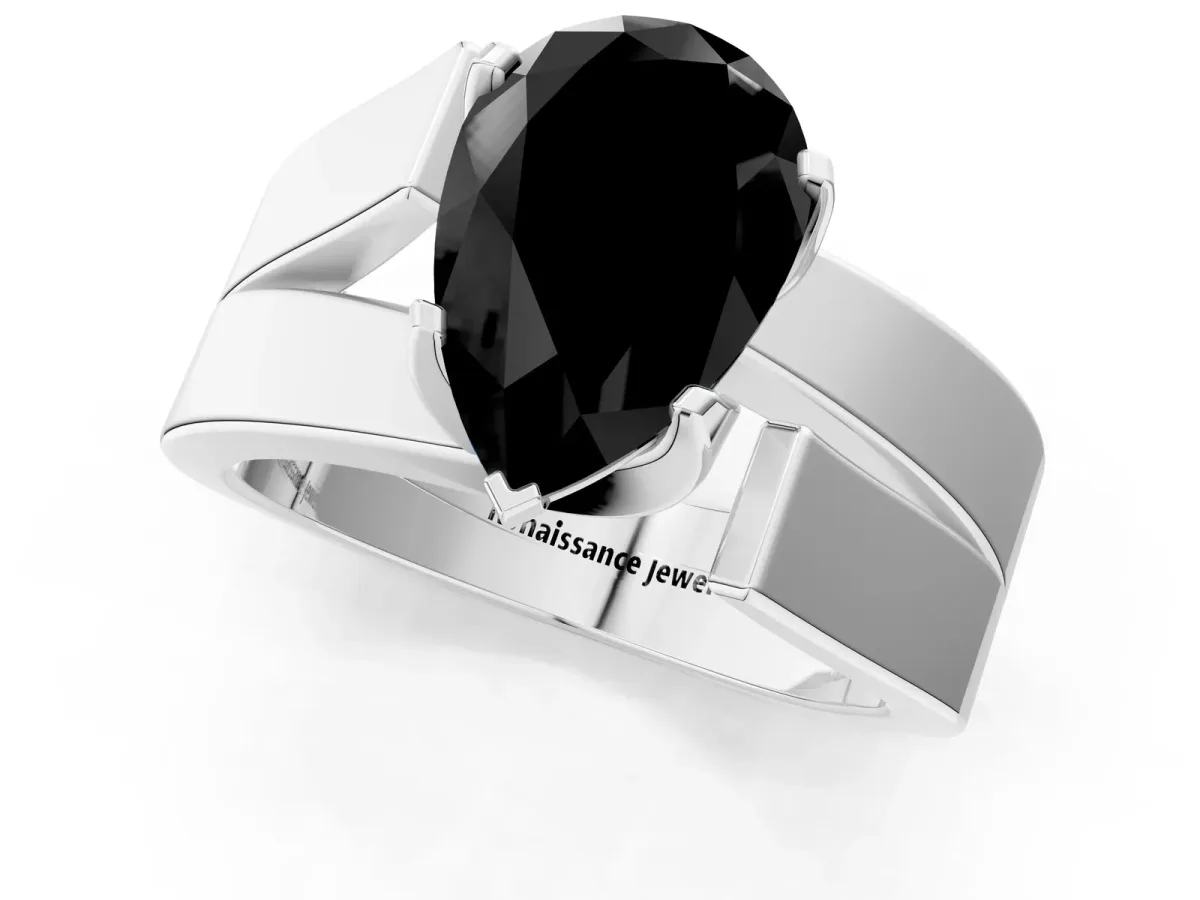 Fancy Black Modern Tension Set Pear Cut Diamond Solitaire Wide Band Ring Silver