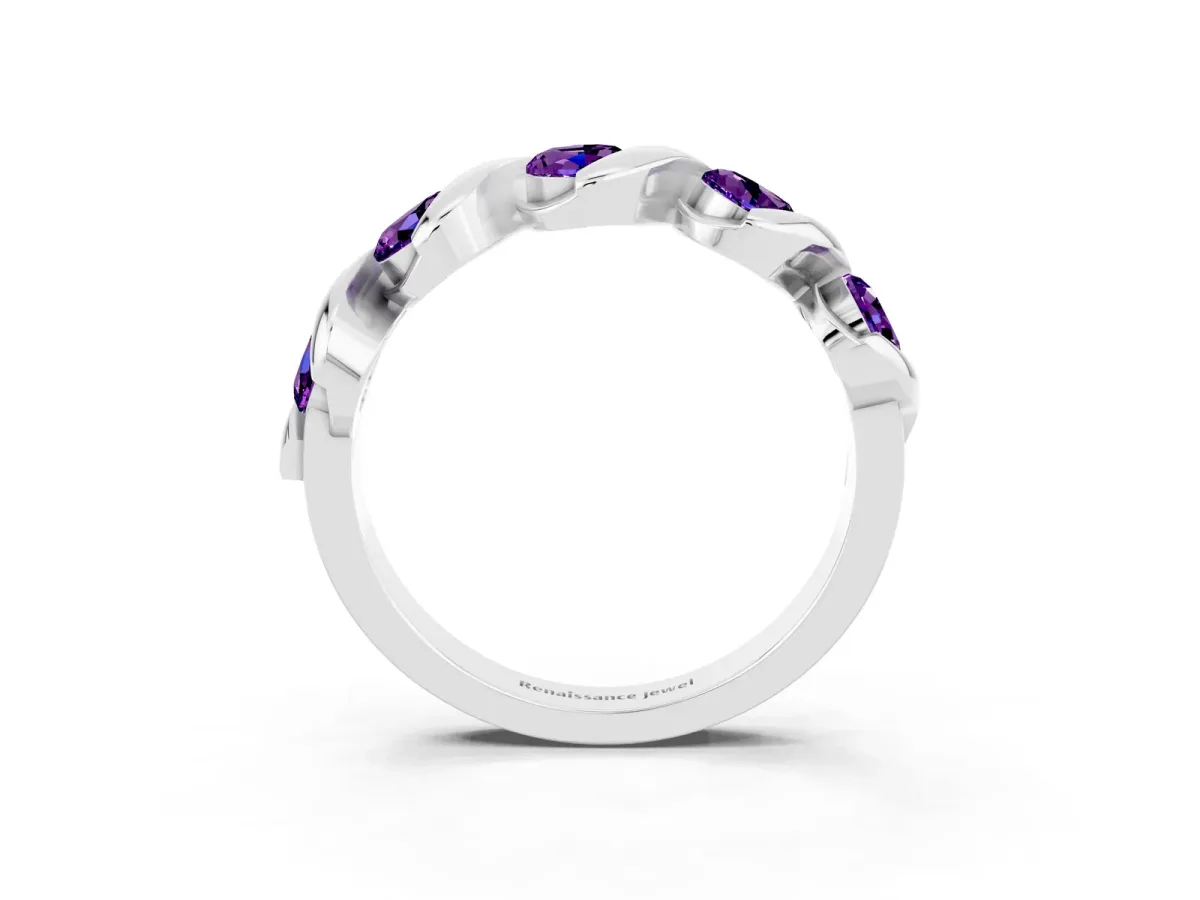Round Amethyst Wave Band with Channel Setting and Shared Prongs Platinum