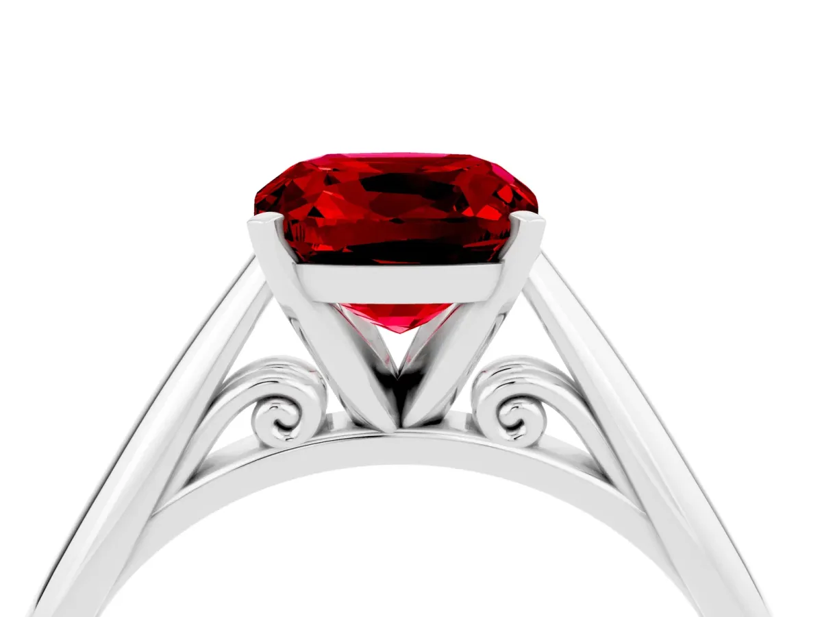 Cushion Cut Ruby Solitaire Engagement Ring with Cathedral Setting and Four-Prong Mount White gold
