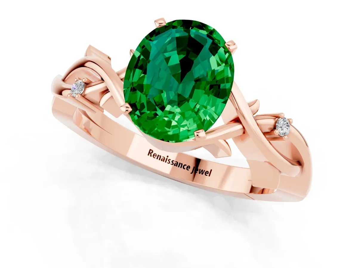 Oval Cut Emerald Solitaire Ring with Twisted Band and Prong Setting Rose gold
