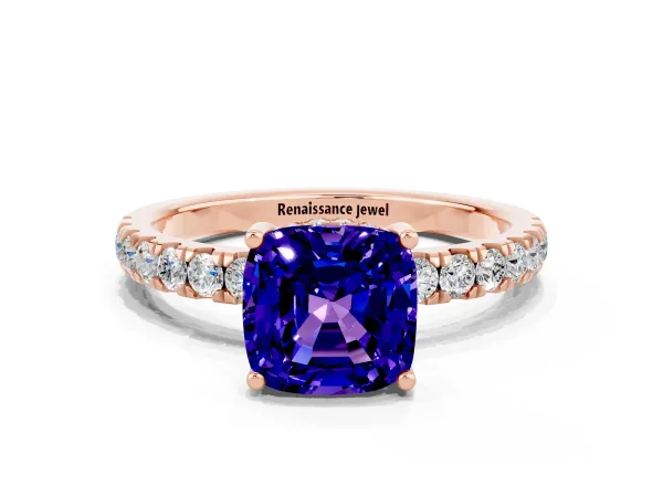 Cushion Cut Tanzanite Pave Band Solitaire Ring with Round and Prong Setting Rose gold