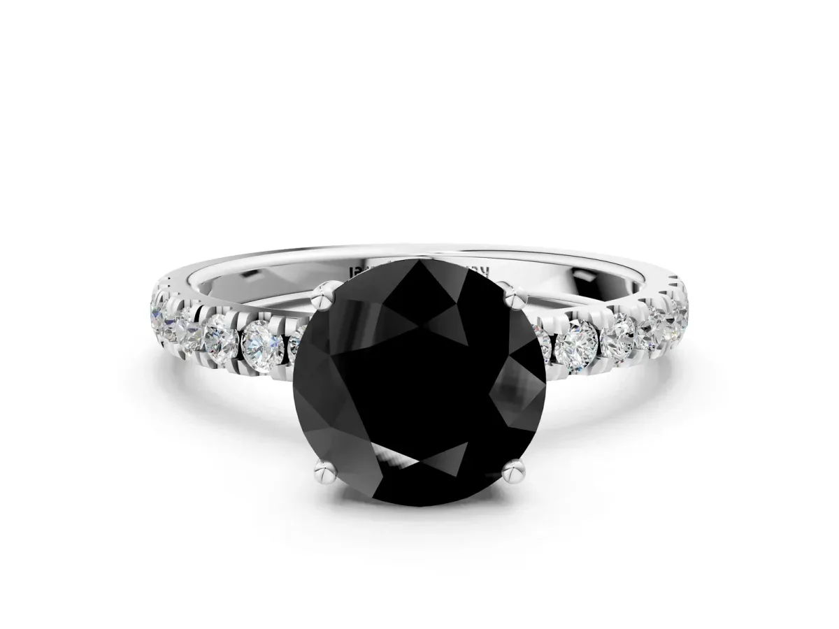 Fancy Black Round Cut Diamond Pave Band Solitaire Ring with Round and Prong Setting Silver