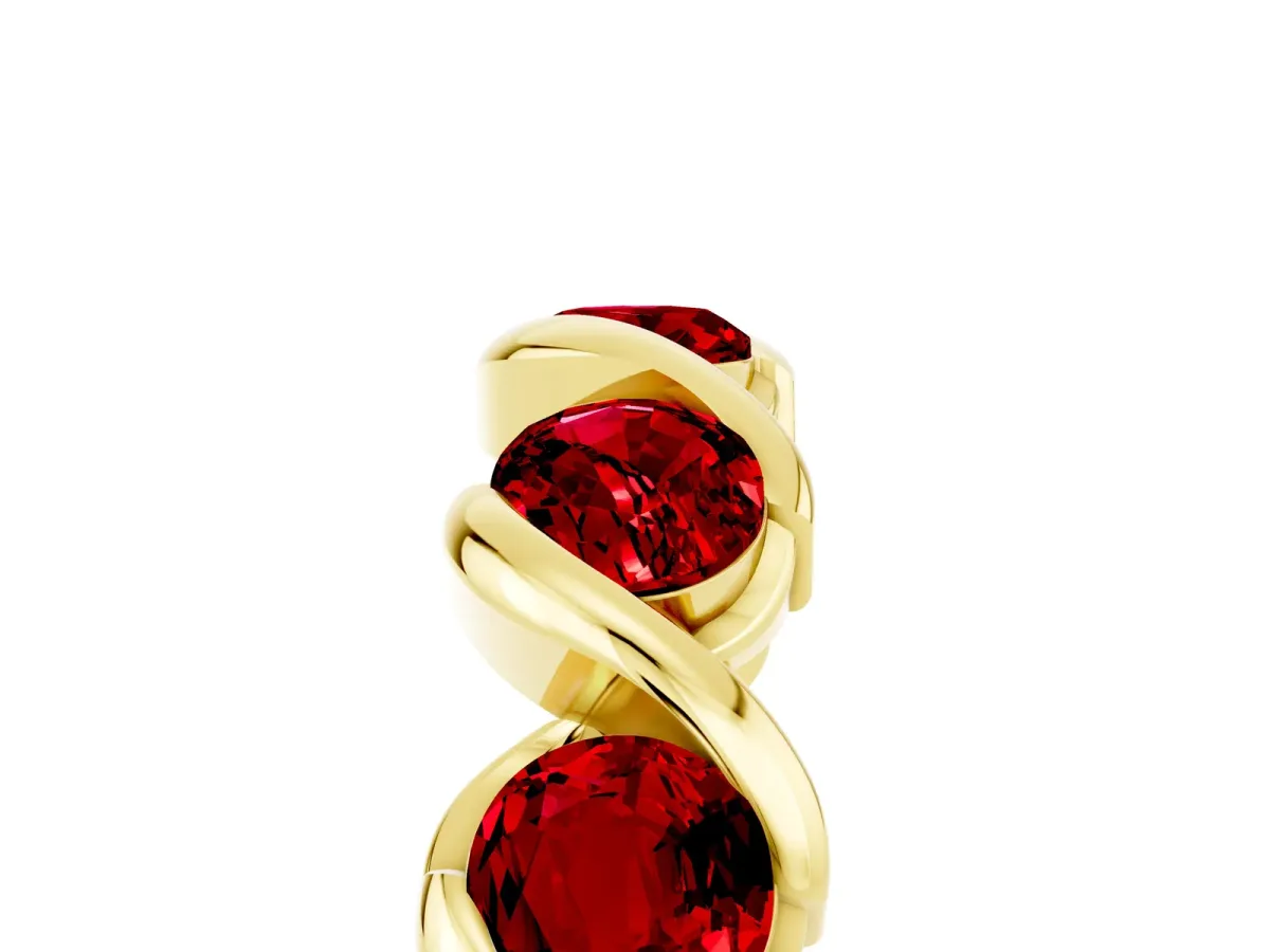 Round Ruby Wave Band with Channel Setting and Shared Prongs Yellow gold