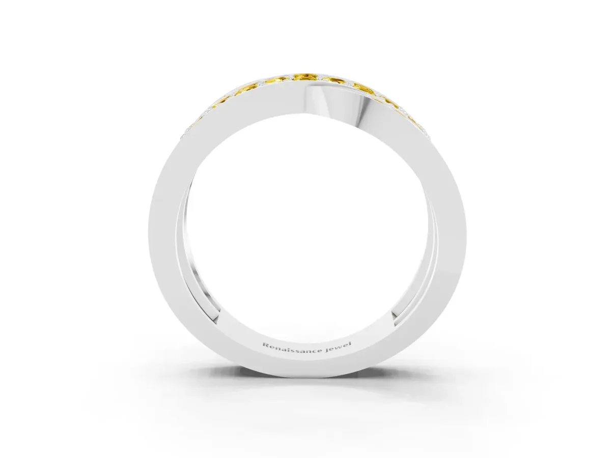 Pavé Round Yellow Sapphire Crossover Band with Bead Prong Setting Platinum