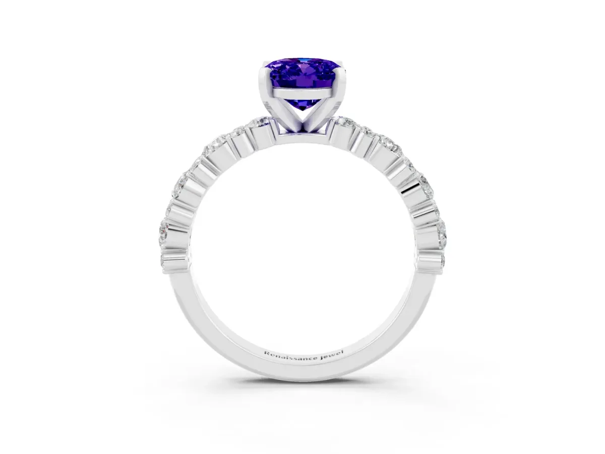 Oval Cut Tanzanite Side Stone Solitaire Ring with Round and Four-Prong Setting White gold