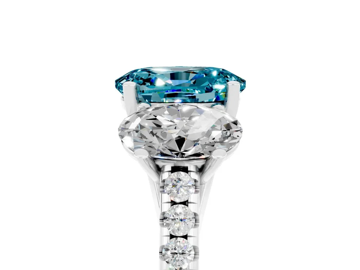 Three-Stone Oval Cut Blue Topaz Ring with Round Pavé Band and Prong Setting Platinum