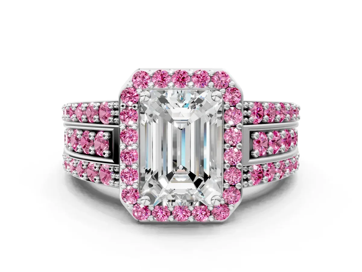Emerald Cut Halo Diamond Ring with Round Pink Sapphire Split Shank and Prong Setting Silver