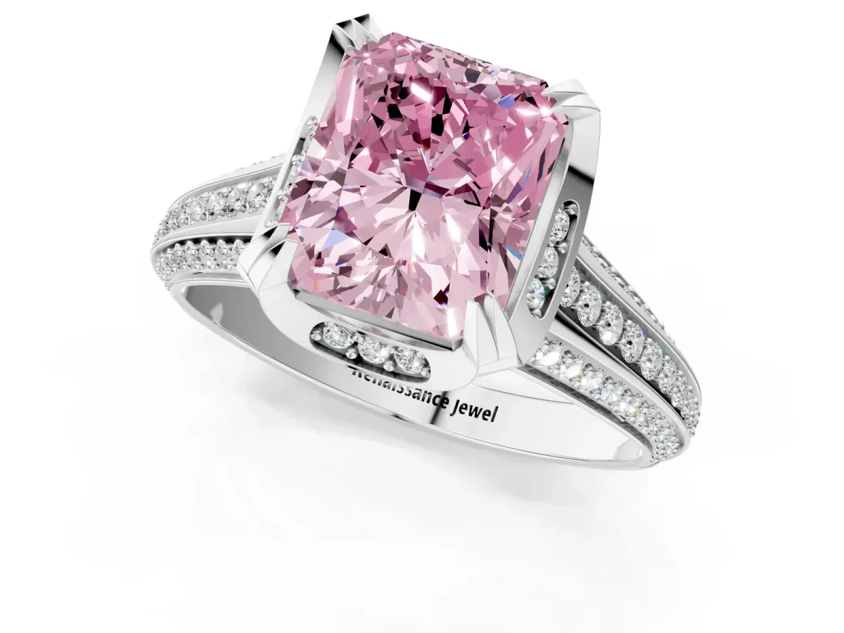 Fancy Pink Radiant Cut Solitaire Pave Split Shank Ring with Four-Prong Setting Platinum
