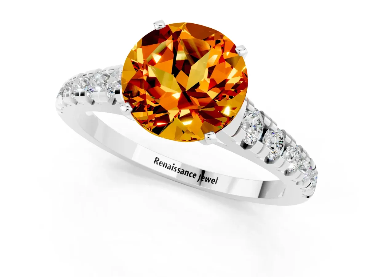 Round Cut Citrine Cathedral Solitaire Ring with Round Pavé Band Silver