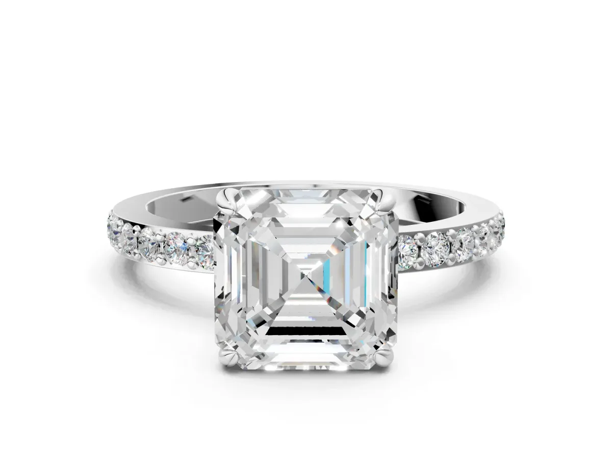 Asscher Cut Diamond Solitaire Engagement Ring with Pavé Band and Four-Prong Setting Silver