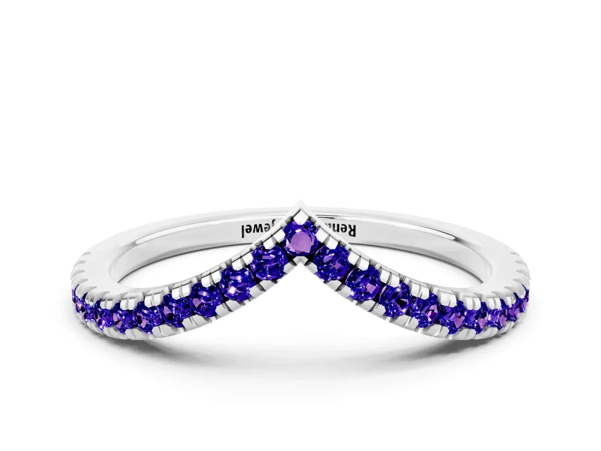 Pavé Round Tanzanite V-Shaped Chevron Band with Shared Prong Setting Platinum