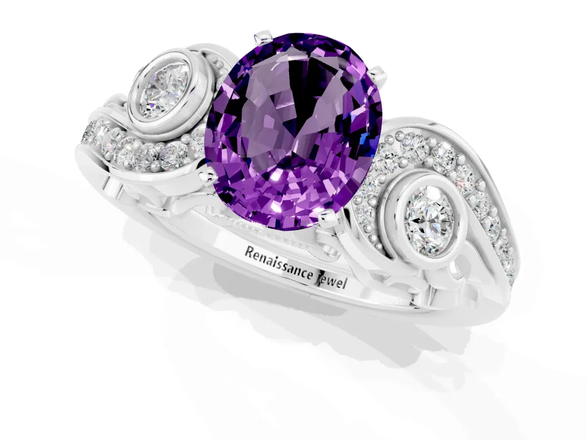 Oval Cut Amethyst Solitaire Ring with Milgrain Pavé Band and Four-Prong Setting Silver