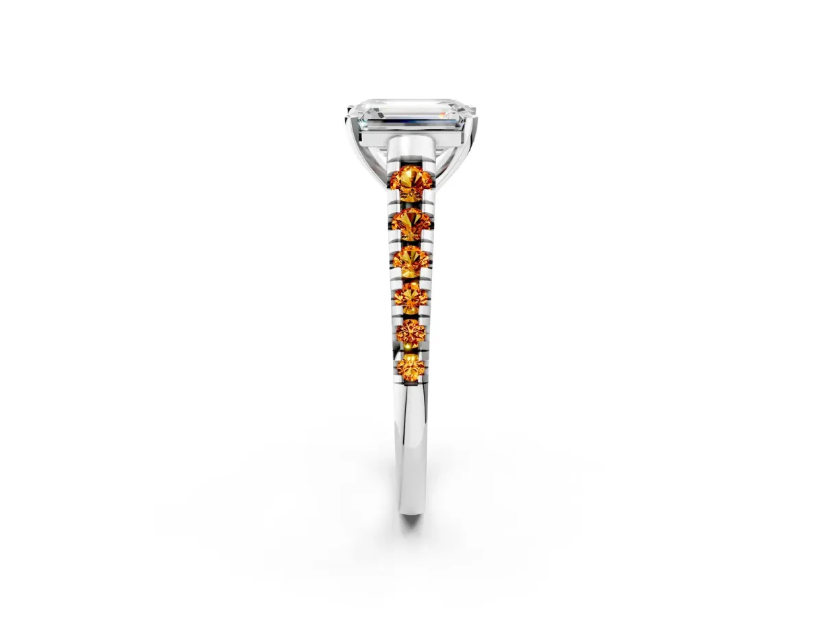 Emerald Cut Diamond Cathedral Solitaire Ring with Round Citrine Pavé Band Silver