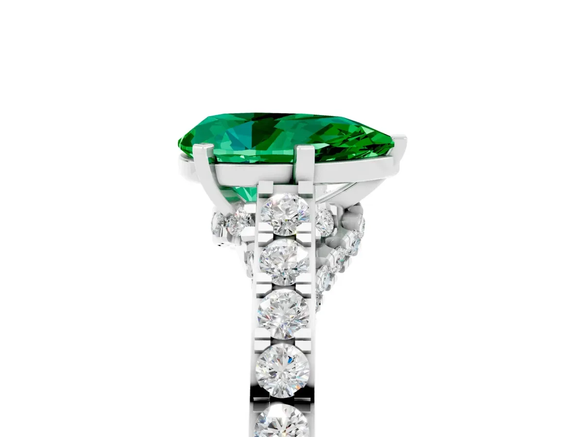Pear Cut Emerald Solitaire Ring with Crossover Gallery and Round Pavé Band Silver