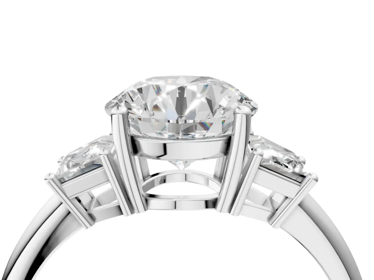 Round Cut Diamond Three-Stone Ring with Trapezoid Side Stones and Prong Setting Platinum
